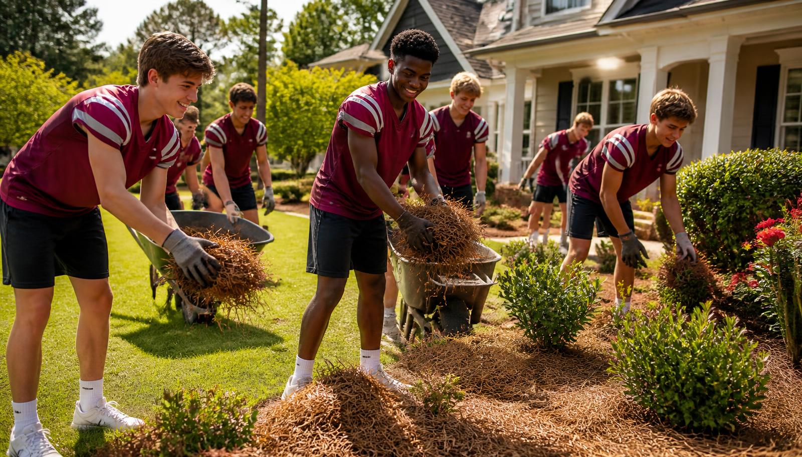 High school athletes in team jerseys spreading pine straw in flower beds during a fundraiser install day